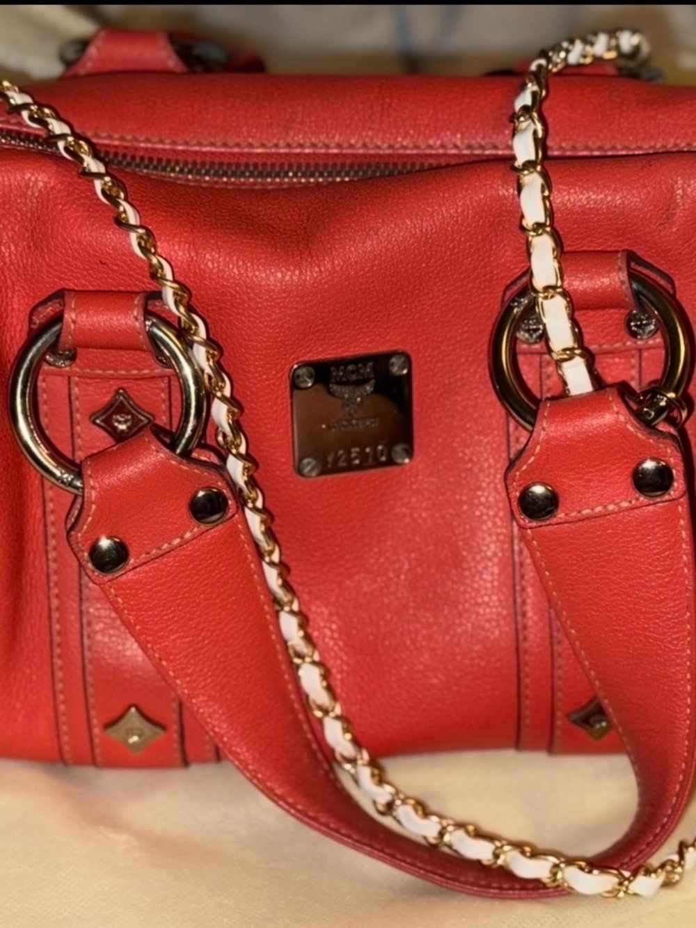 MCM Red Leather Chain-Trim Shoulder Bag